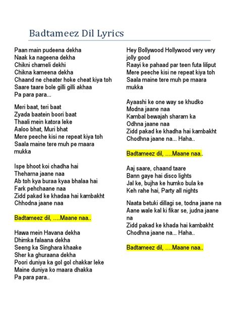 badtameez dil lyrics|badtameez dil lyrics pdf.